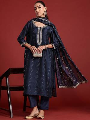 Floral Embroidered Sequinned Kurta With Trousers & Dupatta 1