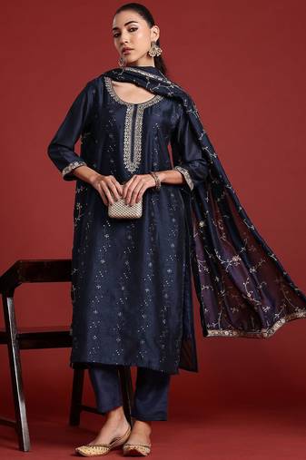 Floral Embroidered Sequinned Kurta With Trousers & Dupatta