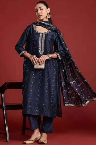 Floral Embroidered Sequinned Kurta With Trousers & Dupatta