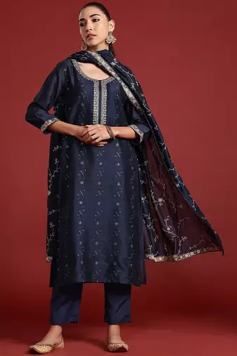 Floral Embroidered Sequinned Kurta With Trousers & Dupatta