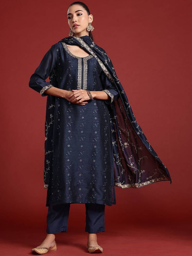 Floral Embroidered Sequinned Kurta With Trousers & Dupatta