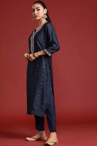 Floral Embroidered Sequinned Kurta With Trousers & Dupatta