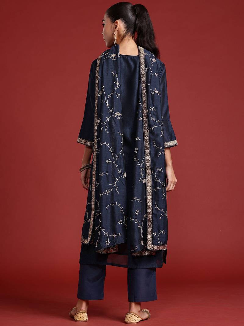 Floral Embroidered Sequinned Kurta With Trousers & Dupatta