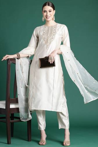 Ethnic Motifs Embroidered Panelled Liva Kurta With Trousers & Dupatta