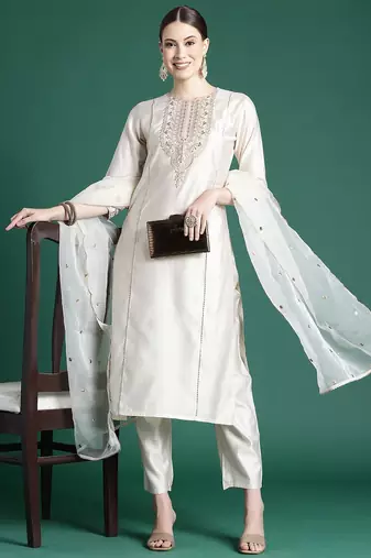 Ethnic Motifs Embroidered Panelled Liva Kurta With Trousers & Dupatta
