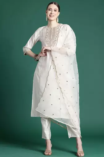 Ethnic Motifs Embroidered Panelled Liva Kurta With Trousers & Dupatta