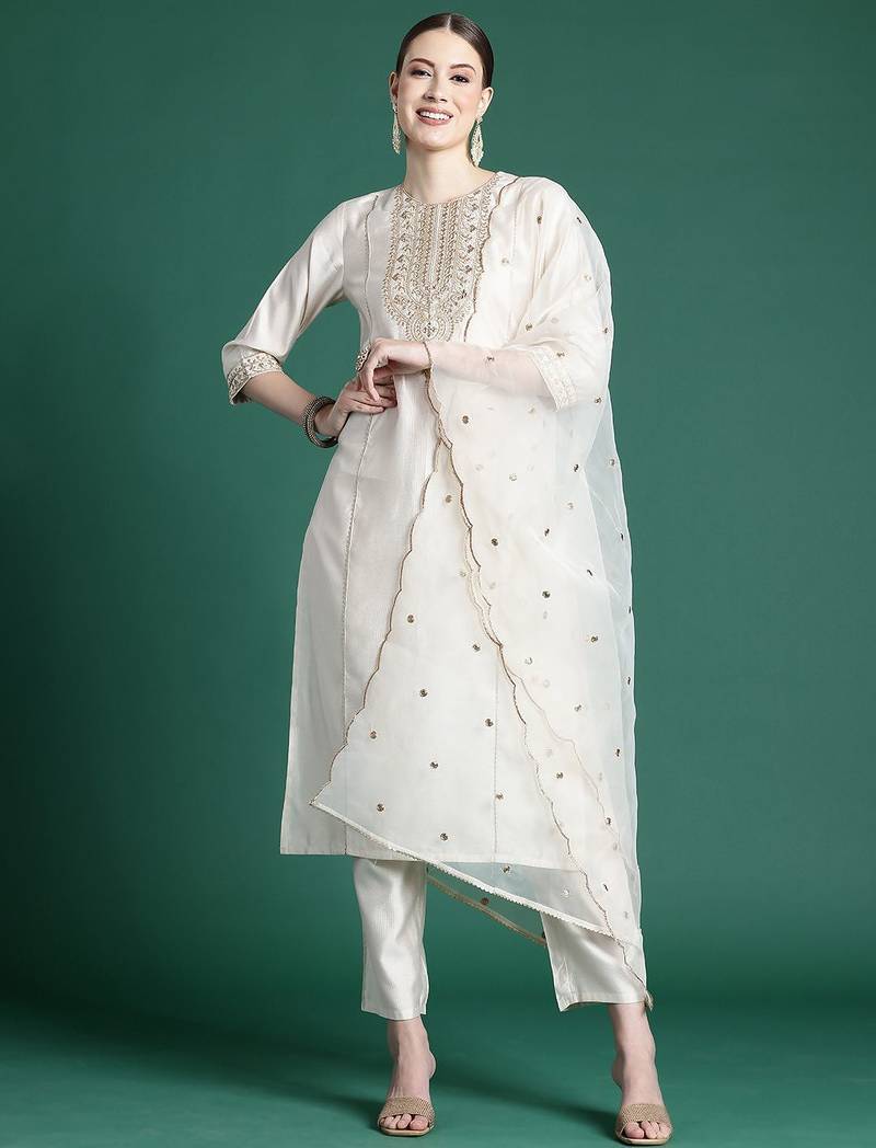Ethnic Motifs Embroidered Panelled Liva Kurta With Trousers & Dupatta