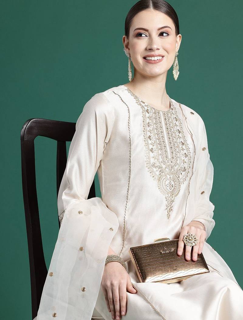 Ethnic Motifs Embroidered Panelled Liva Kurta With Trousers & Dupatta