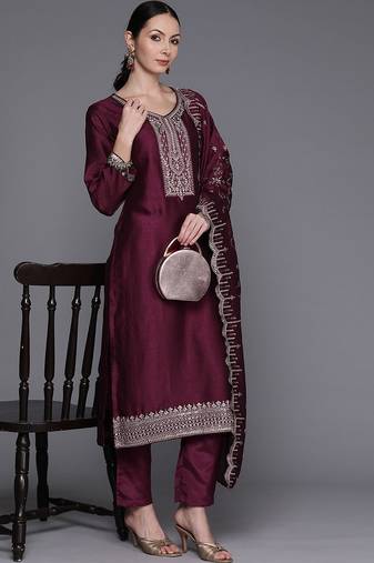 Ethnic Motifs Embroidered Regular Sequinned Kurta with Trousers & Dupatta