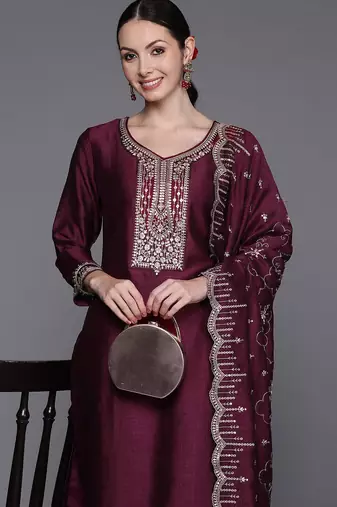 Ethnic Motifs Embroidered Regular Sequinned Kurta with Trousers & Dupatta