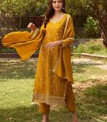 Ethnic Motifs Embroidered Round Neck Straight Kurta with Trousers & Dupatta