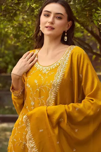 Ethnic Motifs Embroidered Round Neck Straight Kurta with Trousers & Dupatta