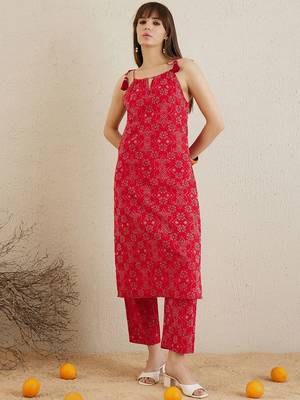 Bandhani Printed Shoulder Straps Pure Cotton Kurta with Trousers 1