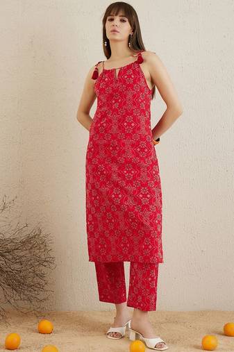 Bandhani Printed Shoulder Straps Pure Cotton Kurta with Trousers