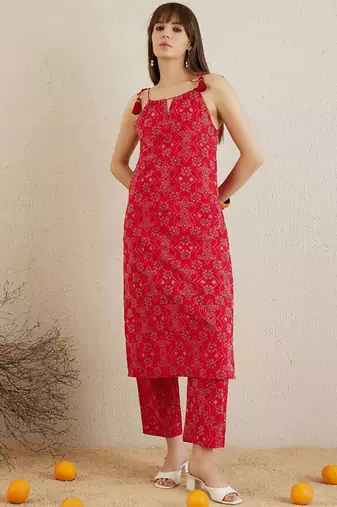 Bandhani Printed Shoulder Straps Pure Cotton Kurta with Trousers