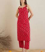 Bandhani Printed Shoulder Straps Pure Cotton Kurta with Trousers