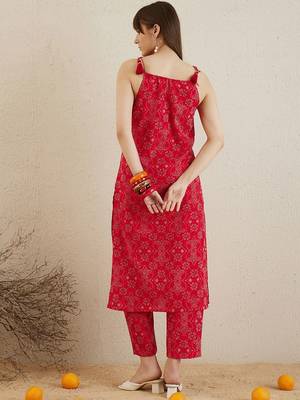 Bandhani Printed Shoulder Straps Pure Cotton Kurta with Trousers 4
