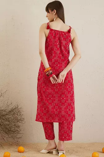 Bandhani Printed Shoulder Straps Pure Cotton Kurta with Trousers