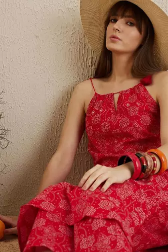 Bandhani Printed Shoulder Straps Pure Cotton Kurta with Trousers