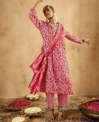 Red Floral Printed V-Neck Thread Work Straight Kurta With Trousers & Dupatta 1
