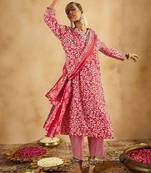 Red Floral Printed V-Neck Thread Work Straight Kurta With Trousers & Dupatta
