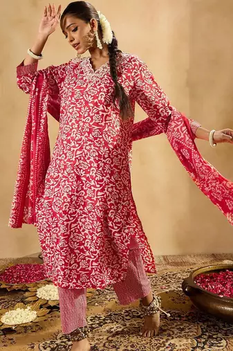 Red Floral Printed V-Neck Thread Work Straight Kurta With Trousers & Dupatta