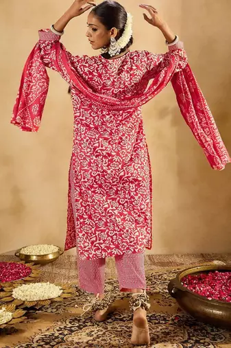 Red Floral Printed V-Neck Thread Work Straight Kurta With Trousers & Dupatta
