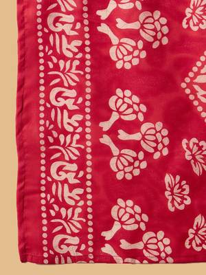 Red Floral Printed V-Neck Thread Work Straight Kurta With Trousers & Dupatta 6