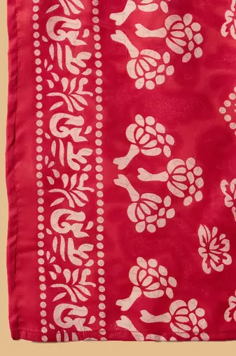 Red Floral Printed V-Neck Thread Work Straight Kurta With Trousers & Dupatta