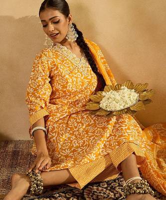 Mustard Floral Printed V-Neck Thread Work Straight Kurta With Trousers & Dupatta 2