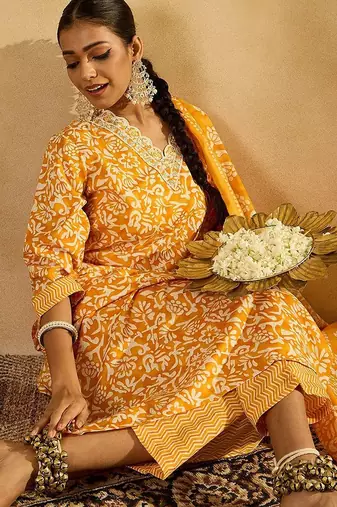 Mustard Floral Printed V-Neck Thread Work Straight Kurta With Trousers & Dupatta