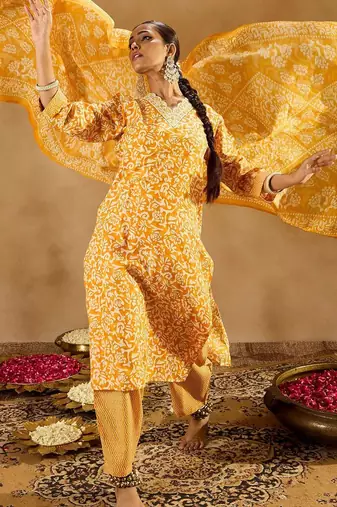 Mustard Floral Printed V-Neck Thread Work Straight Kurta With Trousers & Dupatta