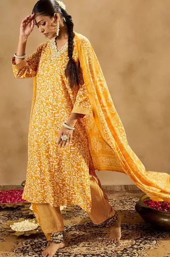 Mustard Floral Printed V-Neck Thread Work Straight Kurta With Trousers & Dupatta