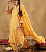 Mustard Floral Printed V-Neck Thread Work Straight Kurta With Trousers & Dupatta