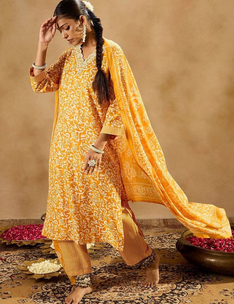 Mustard Floral Printed V-Neck Thread Work Straight Kurta With Trousers & Dupatta