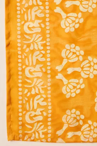 Mustard Floral Printed V-Neck Thread Work Straight Kurta With Trousers & Dupatta