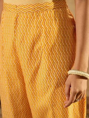 Mustard Floral Printed V-Neck Thread Work Straight Kurta With Trousers & Dupatta 7
