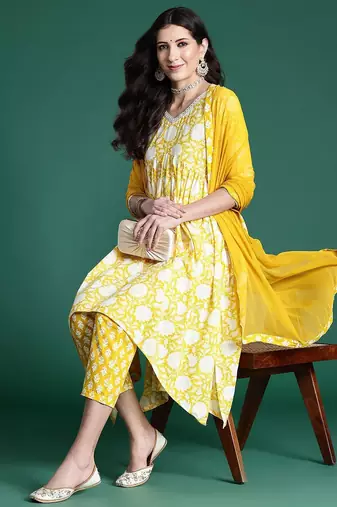 Women Floral Printed Empire Mirror Work Pure Cotton Kurta with Trousers & With Dupatta