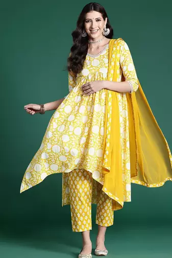 Women Floral Printed Empire Mirror Work Pure Cotton Kurta with Trousers & With Dupatta