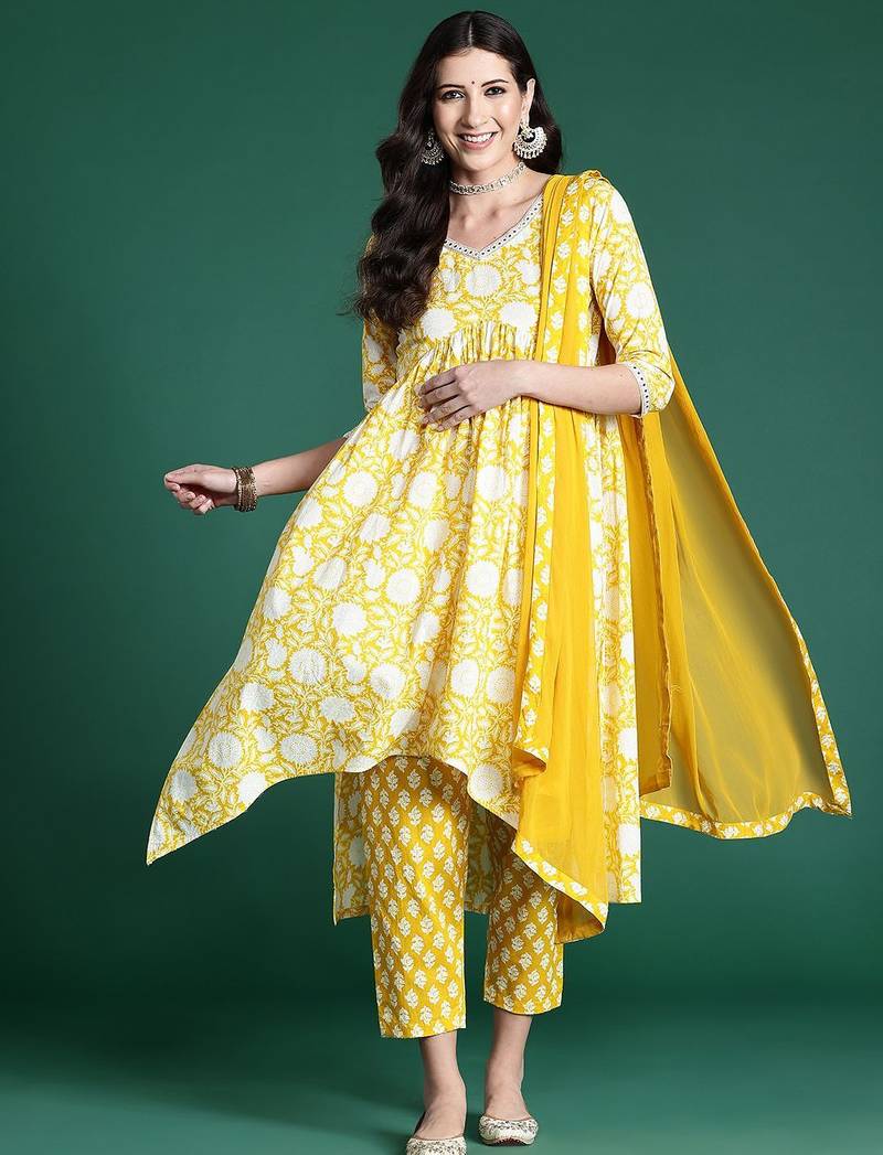 Women Floral Printed Empire Mirror Work Pure Cotton Kurta with Trousers & With Dupatta