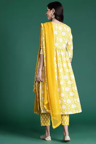 Women Floral Printed Empire Mirror Work Pure Cotton Kurta with Trousers & With Dupatta