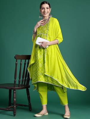 Women Bandhani Printed Empire Thread Work Pure Cotton Kurta with Trousers & With Dupatta 1