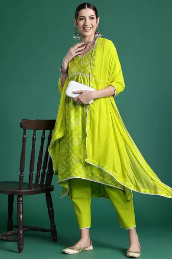 Women Bandhani Printed Empire Thread Work Pure Cotton Kurta with Trousers & With Dupatta