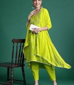 Women Bandhani Printed Empire Thread Work Pure Cotton Kurta with Trousers & With Dupatta