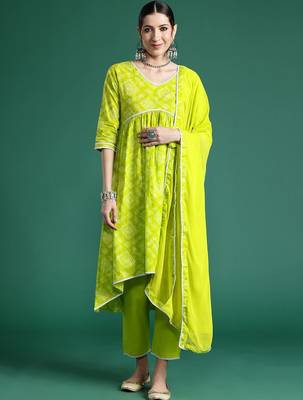 Women Bandhani Printed Empire Thread Work Pure Cotton Kurta with Trousers & With Dupatta 5