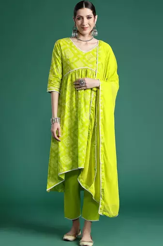 Women Bandhani Printed Empire Thread Work Pure Cotton Kurta with Trousers & With Dupatta