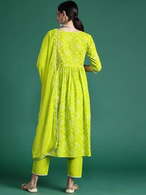 Women Bandhani Printed Empire Thread Work Pure Cotton Kurta with Trousers & With Dupatta 7