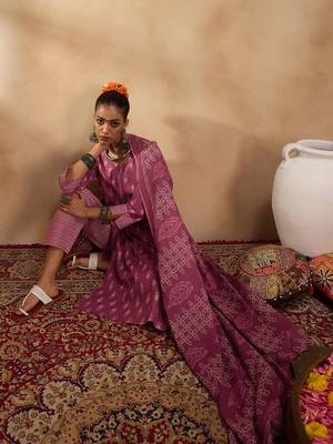 Ethnic Motifs Printed Pure Cotton Straight Kurta with Trousers & Dupatta 1
