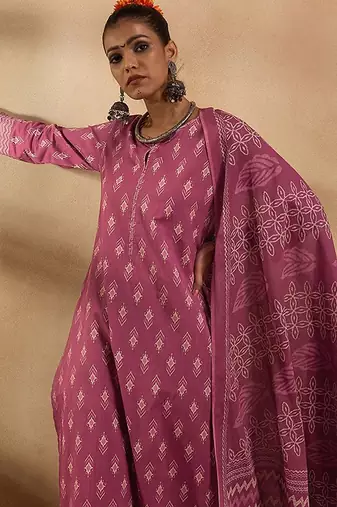 Ethnic Motifs Printed Pure Cotton Straight Kurta with Trousers & Dupatta
