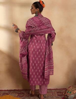 Ethnic Motifs Printed Pure Cotton Straight Kurta with Trousers & Dupatta 4